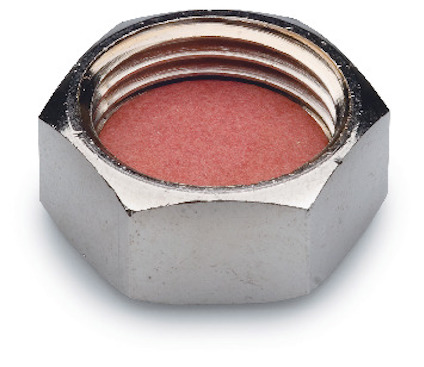 Sexkantig metallmutter med inre gängor och röd packning inuti.