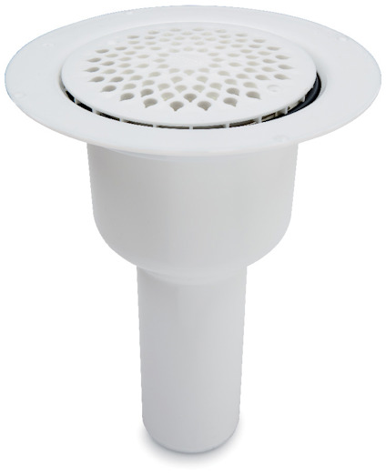 Vit golvbrunn med rund gallerdesign, sett från sidan, med en större topp och avsmalnande botten.