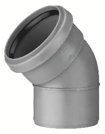 Grå rörböj i plast med 45 graders vinkel och en muff.