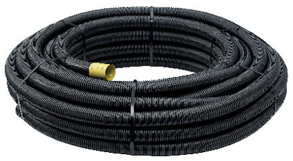 Svart, spolformad dräneringsslang i plast.