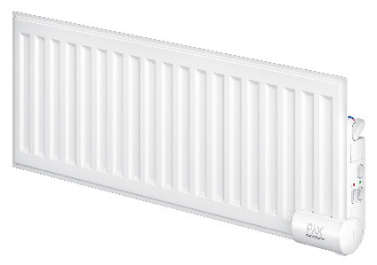 Vit elradiator med vertikala paneler och reglage på sidan.