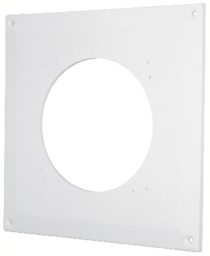 Vit platt täckplatta med ett cirkulärt hål i mitten. Fyra fästpunkter i hörnen.