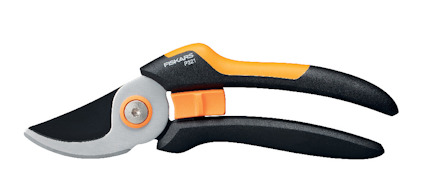 Sekatör med svarta och orange handtag och silverfärgat blad märkt "P321".