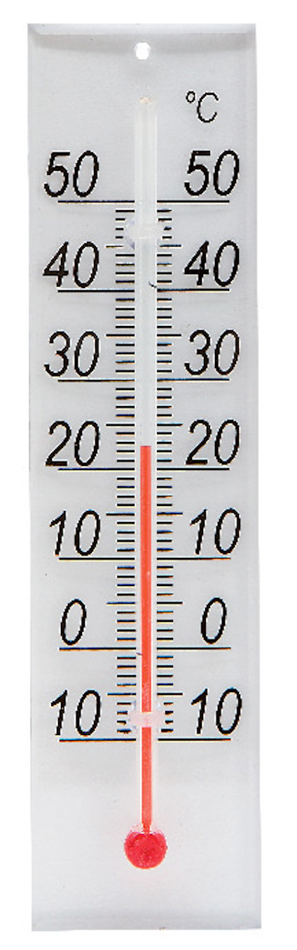 Vit termometer med svart gradering från -10 till 50 grader Celsius. Röd vätska i glasrör.