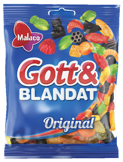 Förpackning av Malaco Gott&Blandat Original med färgglada smågodisar mot en blå bakgrund.