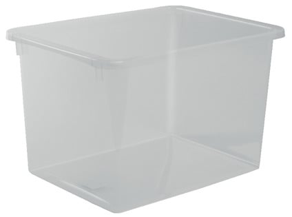 Transparent plastförvaringsbox med rektangulär form och släta sidor.