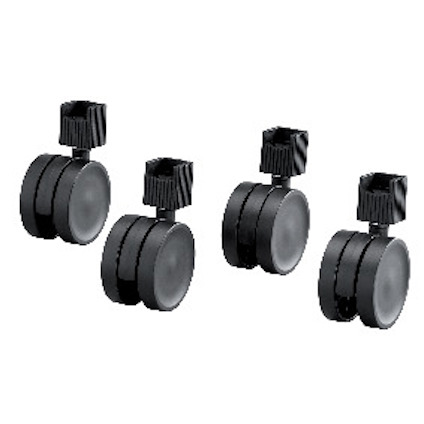 Fyra svarta hjul för hylla i plast, med svängbara fästen upptill.