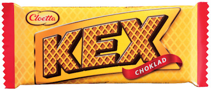 KEXCHOKLAD i gult förpackning med röd text och Cloetta-logotypen i hörnet.