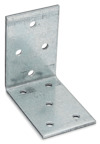 Metallisk vinkelbeslag med flera runda hål, L-format och silverfärgat.