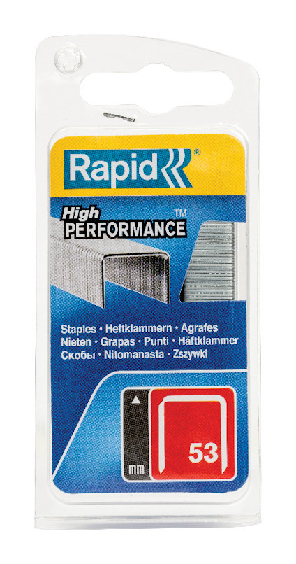 Förpackning med Rapid-häftklamrar i genomskinlig plast med blå och gul etikett, texten "High PERFORMANCE".