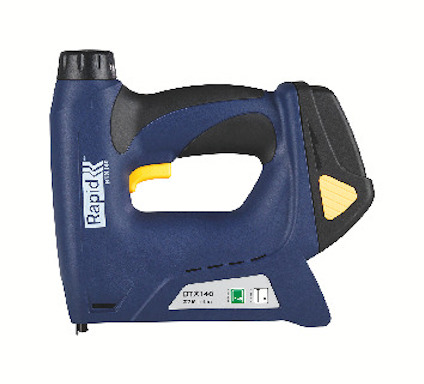 Blå och svart häftpistol med gult handtag, märkt "Rapid BTX140", drivs av 7.2V Li-ion-batteri.