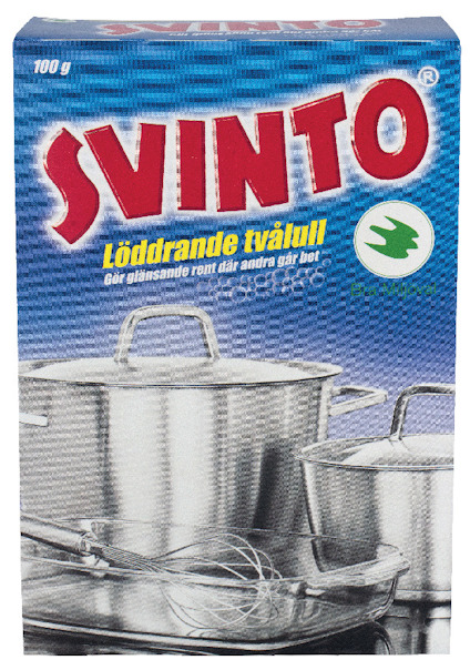 Förpackning för Svinto löddrande tvålull med bild på köksredskap i rostfritt stål och texten "100 g" upptill.