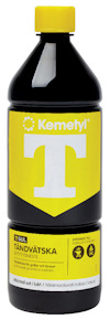 Plastflaska med gul etikett, text "Kemethyl T" synlig. Tändvätska för grillar och brasor nämns. Gul kork.