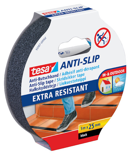 Anti-slip tejprulle i förpackning med text på flera språk, inklusive tyska och engelska. För inomhus- och utomhusbruk.