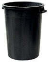 Svart plastbehållare med handtag på sidorna, rund form.