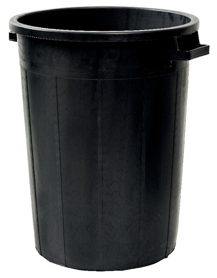 Svart plastbehållare med handtag på sidorna, rund form.