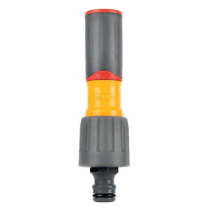 Grått och gult sprutmunstycke med rött märke och anslutning i botten.