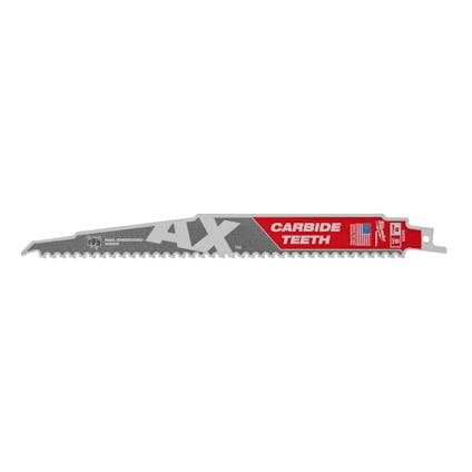 Tigersågblad i silver med tydliga tänder, etikett med texten CARBIDE TEETH och AX. Röd och grå design.