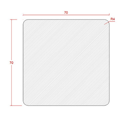 Teknisk ritning av kvadratisk profil med måtten 70x70 och rundade hörn med radie R4.