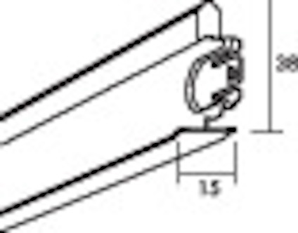 Svartvit, teknisk ritning av tvärprofil med skruvhål och beslag.