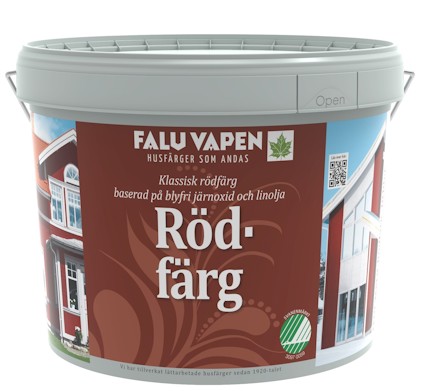 Hink med Falu Vapen Rödfärg, etikett med husbild och text om klassisk rödfärg baserad på blyfri järnoxid och linolja.