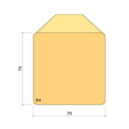 Orange rektangulär form med avfasad överdel, rundade hörn R4, dimensioner 70x70 markerade.