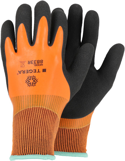 Två orange och svarta skyddshandskar med texten "TEGERA MODEL 833R".