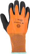 Orange arbetshandske med svart greppyta, text "TEGERA MODEL 8834" på baksidan, ribbad mudd.