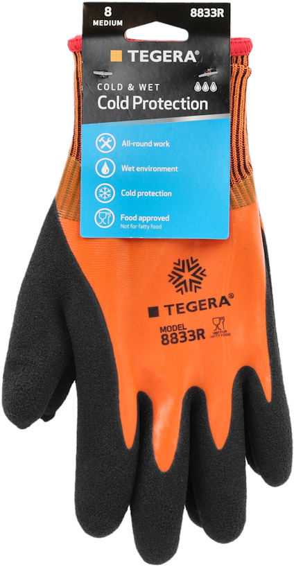 Arbetshandske Tegera 8833R, orange och svart, med text som beskriver kall- och våtskydd.