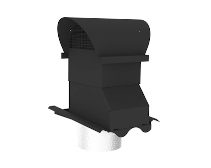 Svart ventilationhuv i plåt med skorstensliknande design och galler på sidorna.