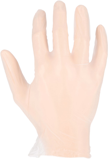 En vit engångshandske av latex på en hand.