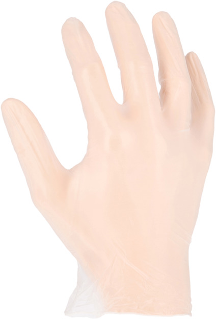 Engångshandske av plast i genomskinligt material, formad som en uppsträckt hand.