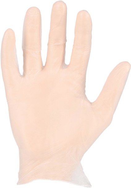 Latexhandske i ljus nyans, utsträckt med fem fingrar synliga mot en vit bakgrund.