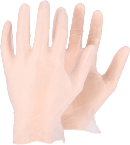 Två vita engångshandskar av latex på en vit bakgrund.