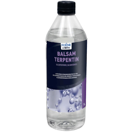 Flaska med Fixor Balsam Terpentin, 1 liter, med lila etikett och svart skruvkork.