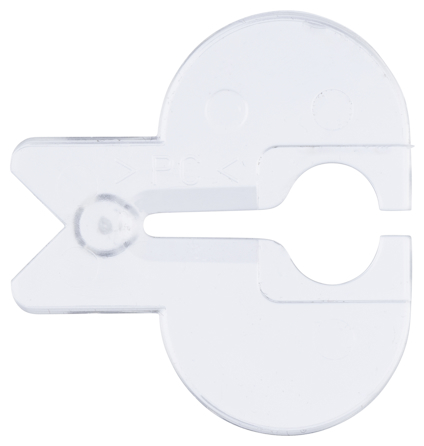 Transparent plastclips med rund bas och utskjutande del på ena sidan.