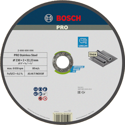 Bosch Pro kapklinga för rostfritt stål, diameter 230 mm, tjocklek 2 mm, hål 22,23 mm.