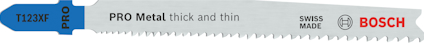 Sticksågblad med text "T123XF PRO Metal thick and thin, SWISS MADE, BOSCH".
