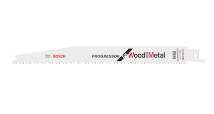 Vitt Bosch sågblad med texten "Progressor for Wood and Metal", tandad kant för kapning.