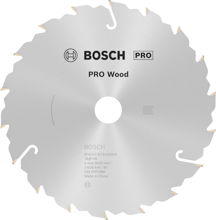 Rund sågklinga Bosch Pro Wood, silverfärgad, med tändernas spetsar markerade. Text: "Bosch PRO Wood, 216 x 2.1/1.6 x 30mm".