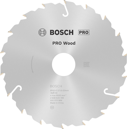 Cirkelsågklinga med text: "Bosch PRO Wood, 165x2.2/1.6x20mm, EN847".