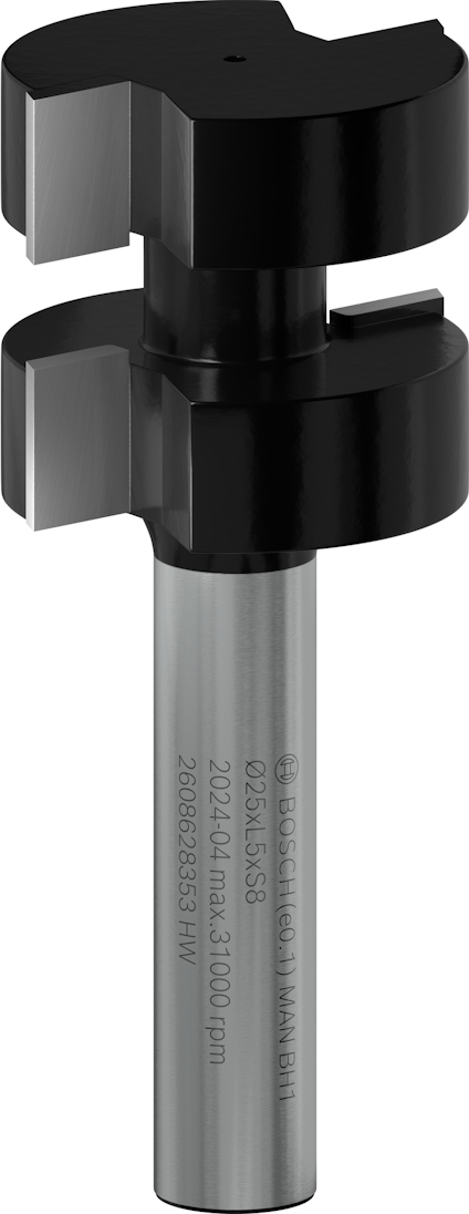 V-fräs med skär i svart metall och silverfärgat skaft, lämpad för träbearbetning.