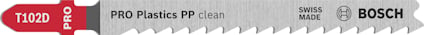 Tigersågblad, silver med röd bas, text "T102D PRO", "PRO Plastics PP clean", "SWISS MADE", "BOSCH".