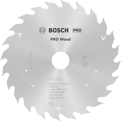 Cirkelsågklinga med texten "BOSCH PRO Wood, 240 HW, Max 11000 1/min".