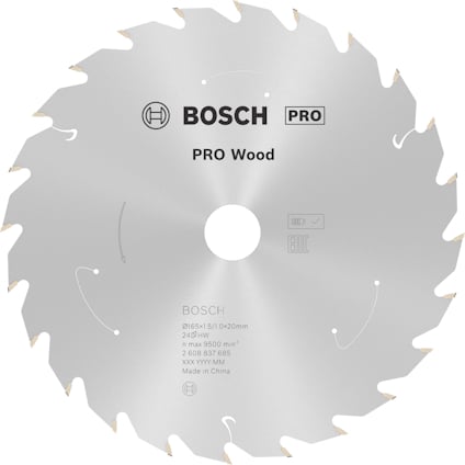 Cirkelsågblad med texten "BOSCH PRO Wood". Märkt med specifikationer och ursprungsland "Made in China".