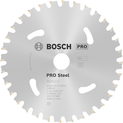 Cirkelsågklinga med tänder, märkt "BOSCH PRO Steel", diametermått och andra specifikationer tryckta.