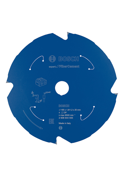 Blå Bosch-skiva med vit text och pilar på ytan, innehållande tekniska specifikationer och "Made in Italy".