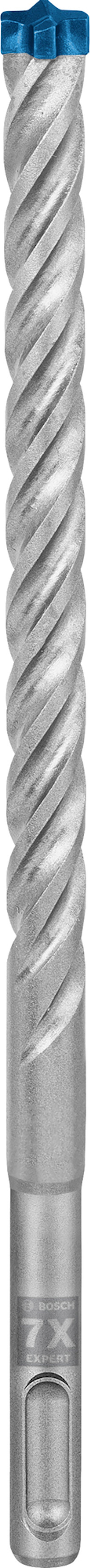 Metallisk borr med spiraldesign och blå spets. Märkt "7X" på skaftet.