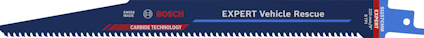 Sabelsågblad med text: "BOSCH EXPERT Vehicle Rescue" och "Carbide Technology". Blå färg med röda och vita detaljer.