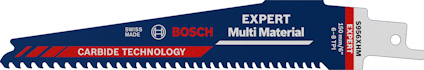 Saw blade with "Bosch Expert Multi Material" text, carbide teeth, Swiss-made. Blue and red design.
